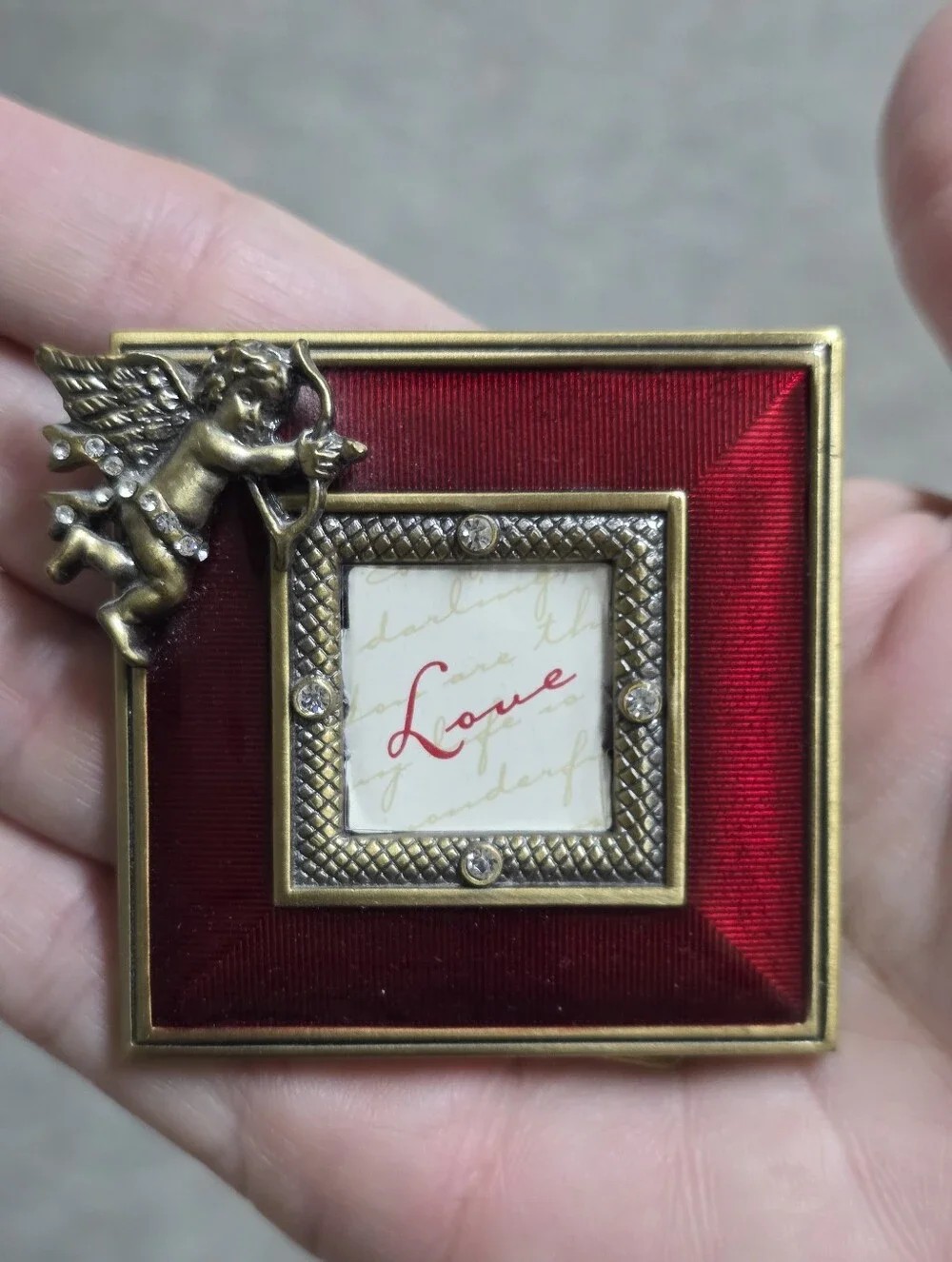 Two’s Company Cupid/Cherub Jeweled Rhinestone Square Picture Mini Photo Frame